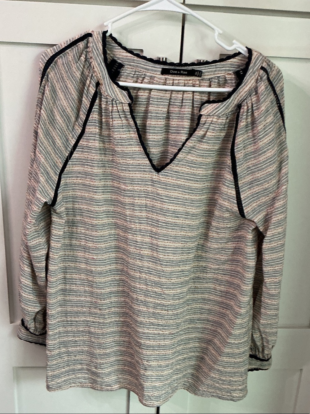 Doe & Rae Striped Peasant Blouse in Cream and Black Trim